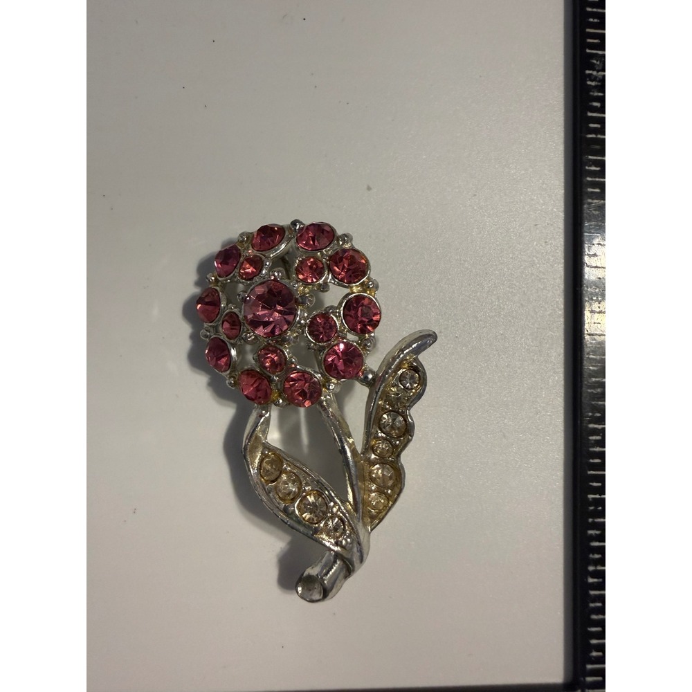 Vintage Pink Rhinestone Flower Brooch Silver Tone‎ Crystal Floral Pin 2 Inch